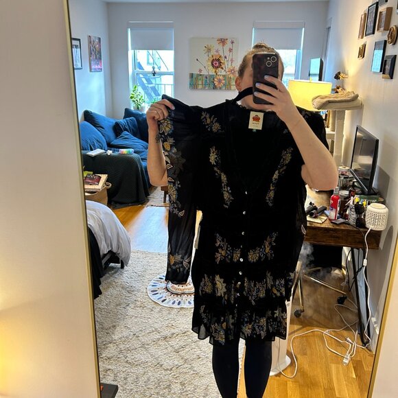 Farm Rio Black Stitched Garden Long Sleeve Midi Dress M Embroidered Floral - Picture 5 of 5